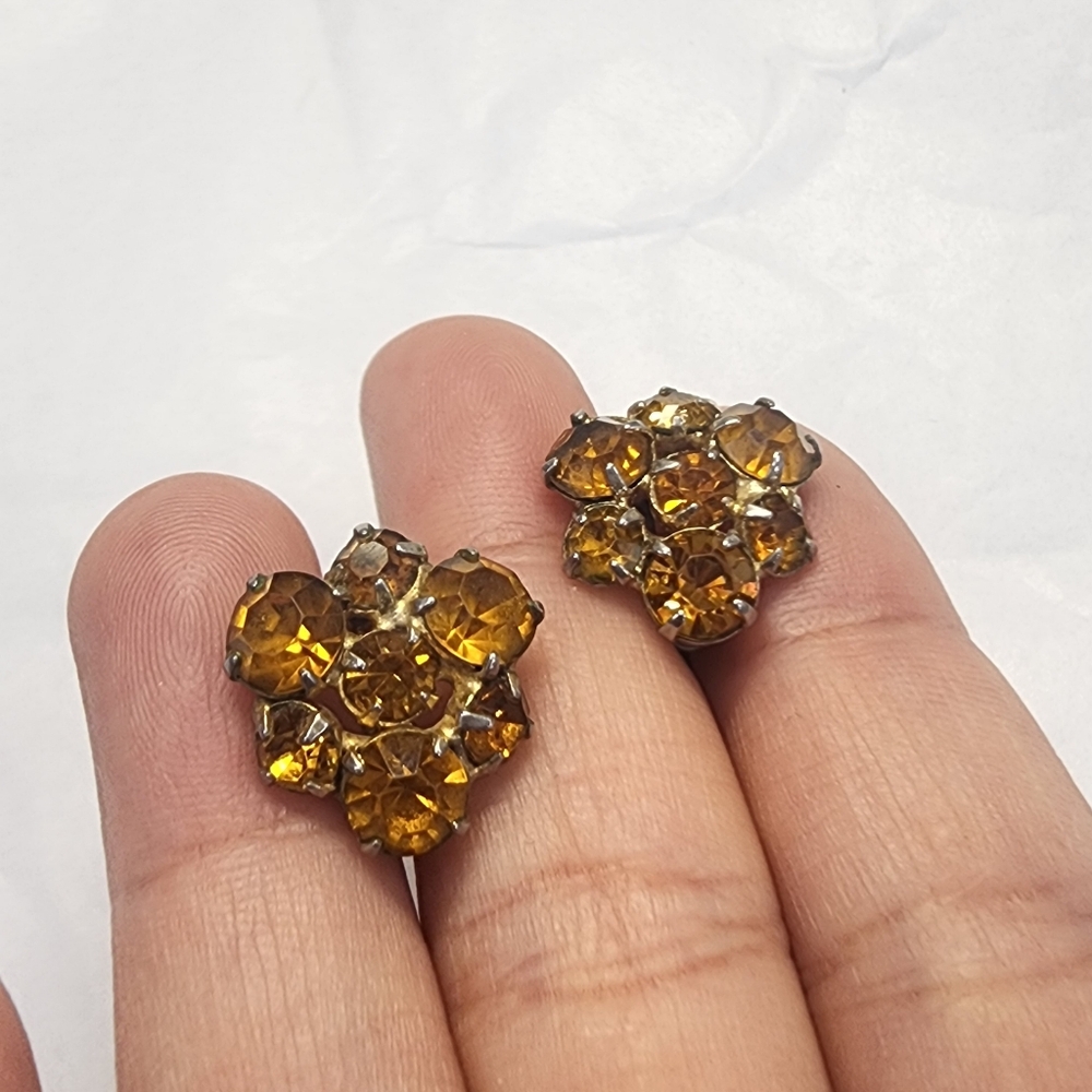 Vintage Coro Amber Rhinestone Cluster Flower Screw-Back Earrings
